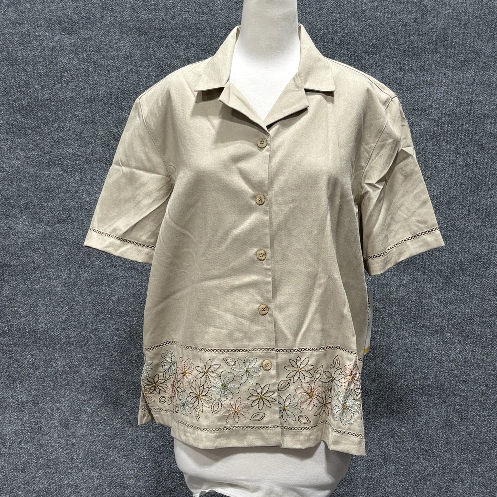 Alfred Dunner Shirt Womens 20 Beige Floral Embroidered Beaded Button Top